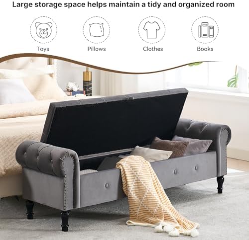storage bench 67" velvet end of bed benches, side view