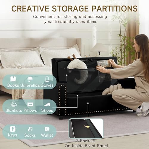 ottoman with storage, tufted storage bench for bedroom, side view