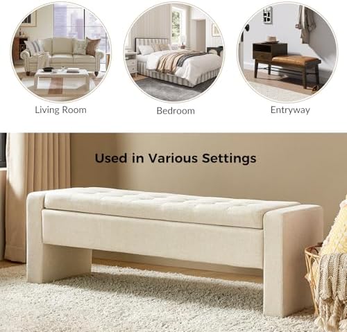 55" modern upholstered storage bench with tufted seat, front angle view