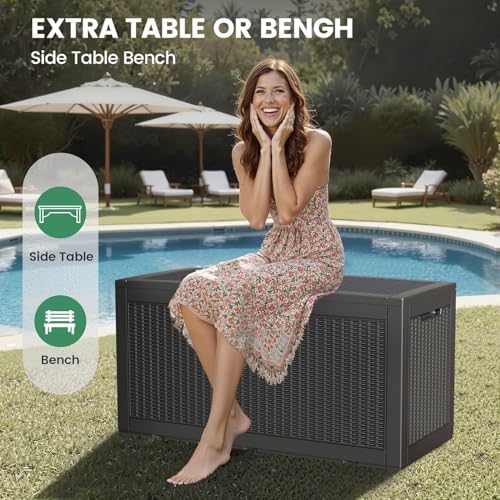 100 gallon outdoor storage box waterproof lockable deck showing dimensions