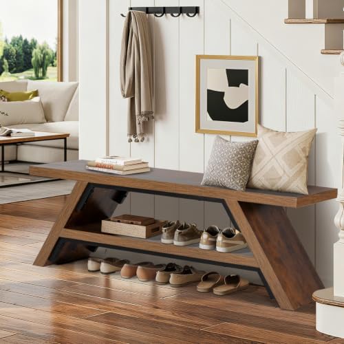 2-tier shoe storage bench, 55" large solid wood, front angle view