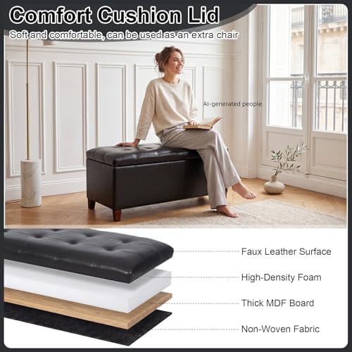 asense storage ottoman bench, 33" faux leather upholstered showing dimensions
