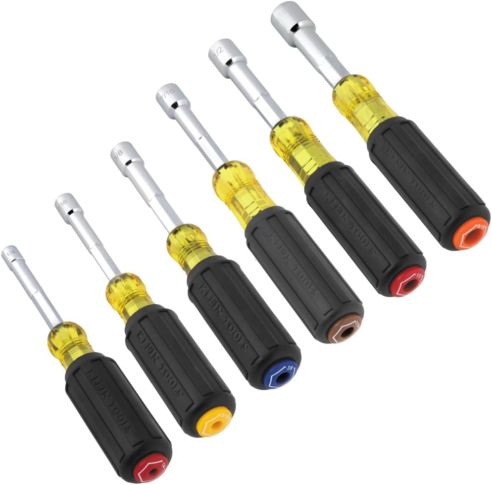 Klein Tools 65456 Hollow-Shaft Nut Driver Set, Heavy-Duty, Color-Coded Hex Sizes 1/4 to 9/16-Inch, Cushion-Grip Handles, 6-Piece