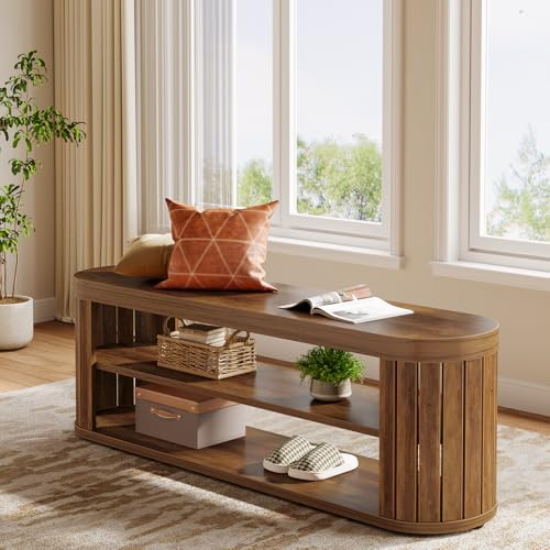 tribesigns 47.2" wooden entryway bench with 2-tier shoe, close-up detail