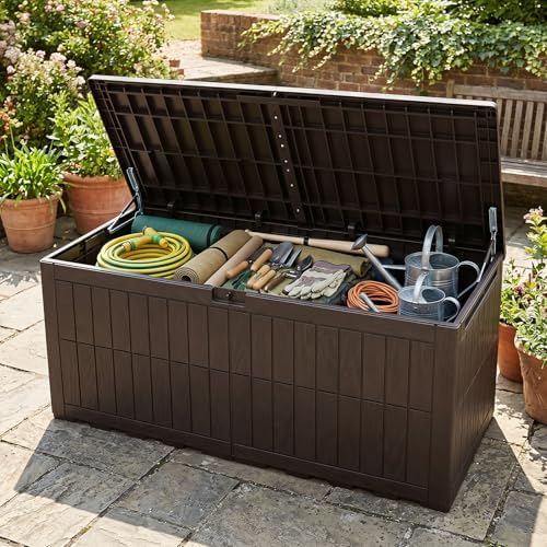 tangkula 180 gallon outdoor storage box with lockable shown in use