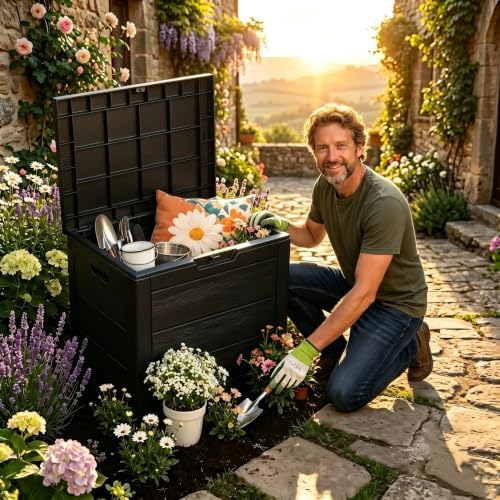 35 gallon deck box outdoor waterproof, resin outdoor on a desk or shelf