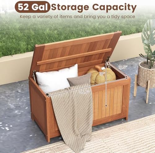 relax4life wood deck box, 52 gallon backyard storage showing dimensions