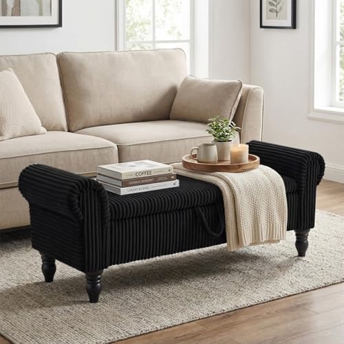 55" corduroy storage ottoman bench, queen bed, black, view 9