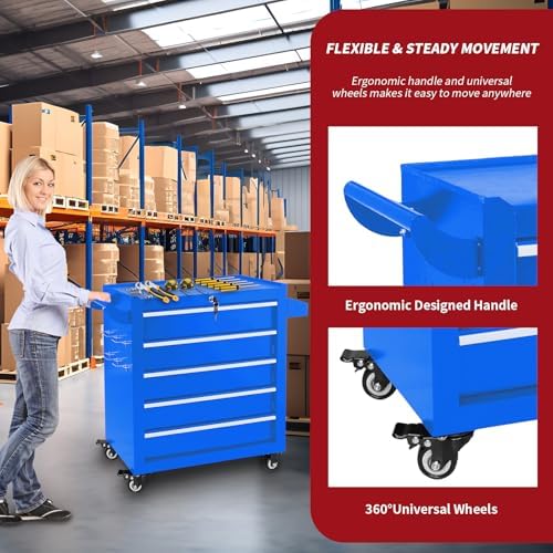 rolling tool chest with wheels, 5 drawers metal showing dimensions