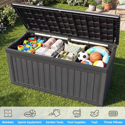 320 gallon outdoor storage deck box, waterproof resin, front angle view