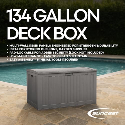 suncast xl resin deck box, 134 gal, with, close-up detail