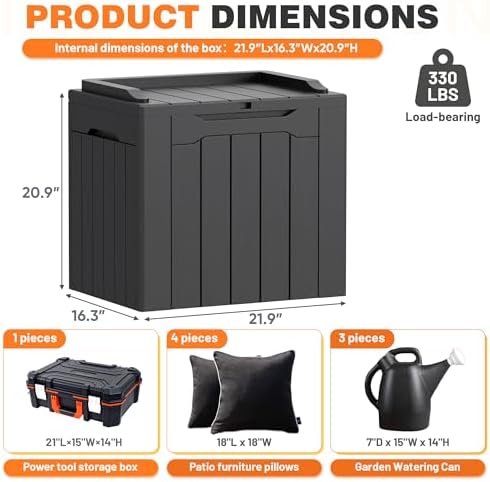 32 gallon deck box outdoor indoor waterproof storage on a desk or shelf