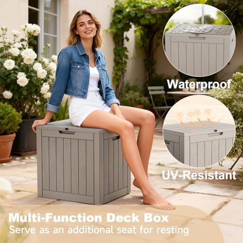 35 gallon outdoor storage box, lockable waterproof deck on a desk or shelf