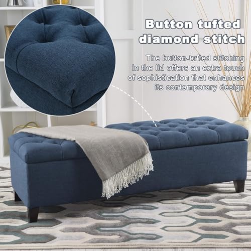 fabric storage ottoman bench, 51" navy blue storage, close-up detail
