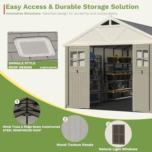 greesum 10x12ft resin outdoor storage shed with floor on a desk or shelf