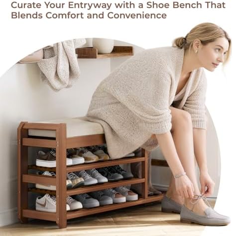 39.4" entryway shoe rack bench with cushion, 3-tier showing dimensions