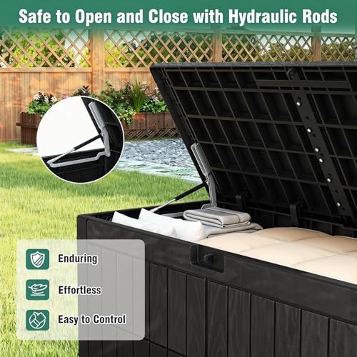 tangkula 100 gallon outdoor storage box with lockable showing dimensions