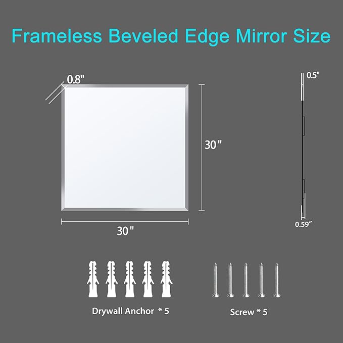 30x30 Inch Bathroom Mirror Frameless Beveled Edge Rectangle Wall Mirror - Image 4