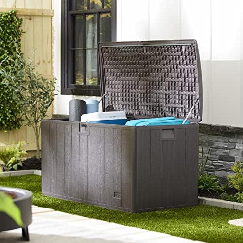 plastic development group outdoor deck box, soft close, close-up detail