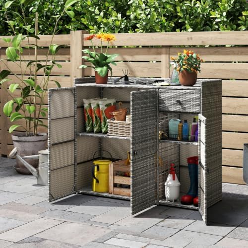 tangkula rattan outdoor storage cabinet with 2 adjustable shown in use
