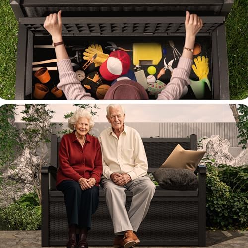 rojik 80 gallon storage bench deck box outdoor on a desk or shelf