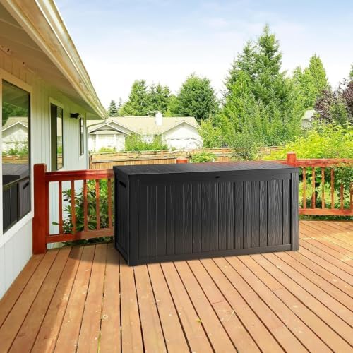 tarkari 320 gallon resin deck box, waterproof outdoor showing dimensions