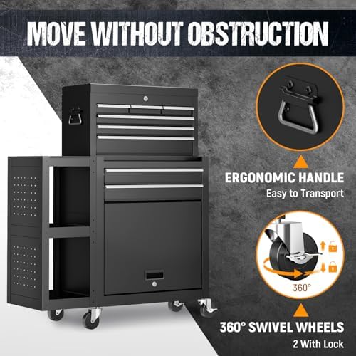 8-drawer rolling tool chest,3-in-1 tool box on wheels, side view