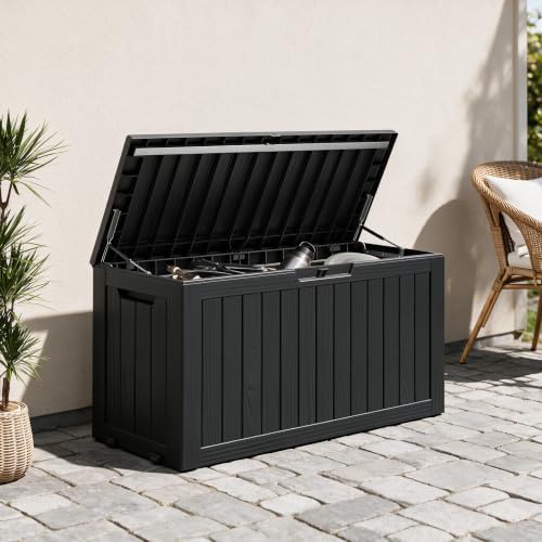 90 gal deck box,waterproof resin outdoor storage gas shown in use