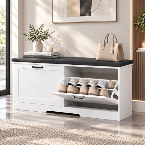 farmhouse shoe storage bench with seat cushion &, close-up detail