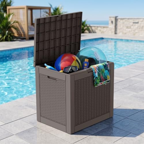 outdoor storage box waterproof, 30 gallon deck box on a desk or shelf
