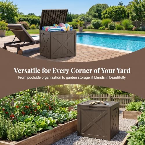 32 gallon waterproof resin storage deck box, light on a desk or shelf