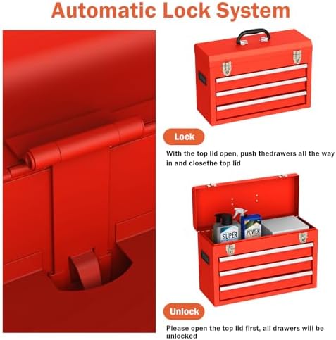 3 drawer metal tool box, heavy duty steel shown in use