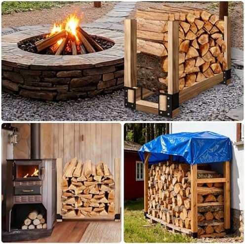 firewood log storage rack bracket, indoor outdoor, adjustable, front angle view