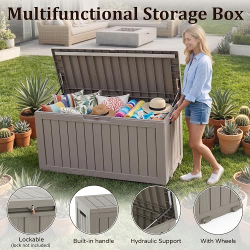 outdoor storage box,100 gallon lockable deck box with shown in use