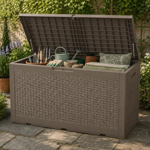 outdoor storage box resin deck box waterproof brownwicker, front angle view