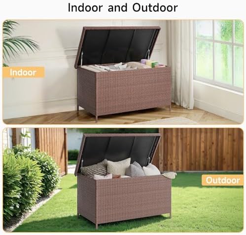 onbrill 158 gallon xl wicker deck box, outdoor, front angle view