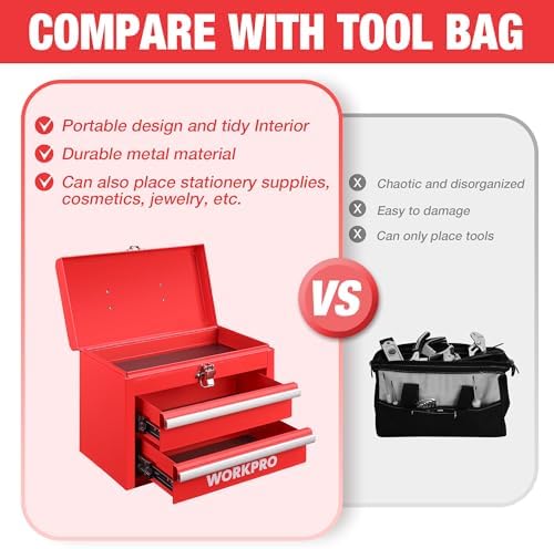 workpro portable mini metal tool box with 2 showing dimensions