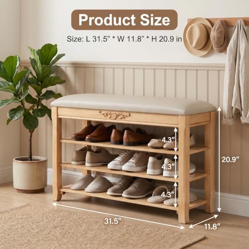 shoe rack bench entryway storage with leather cushion shown in use