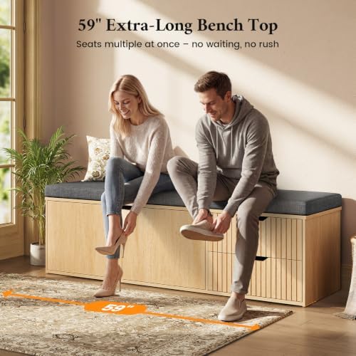 59" storage bench with drawer, 2-tier shoe bench, close-up detail