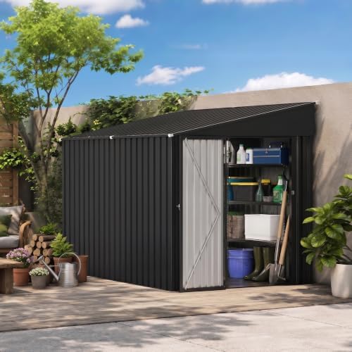6x8 ft outdoor storage shed, metal garden shed on a desk or shelf