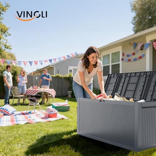 vingli 90 gallon lockable durable outdoor storage box shown in use