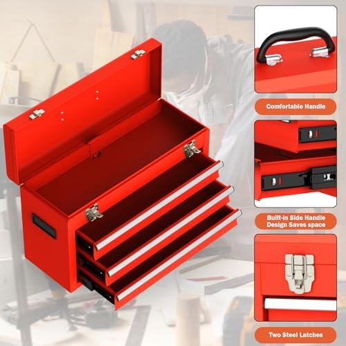 3 drawer metal tool box, heavy duty steel, side view