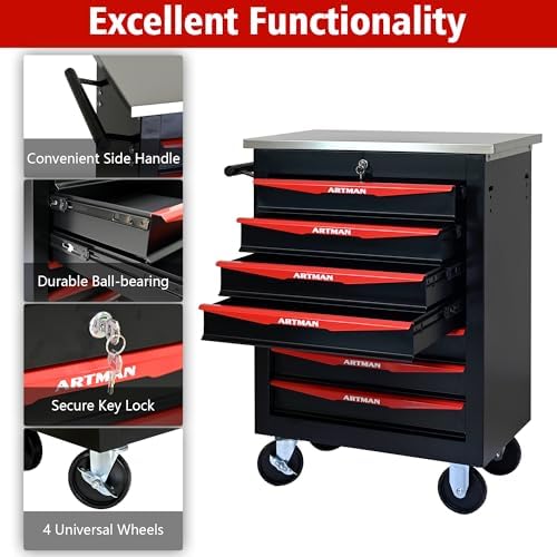 7 drawers rolling tool chest with wheels, stainless, side view