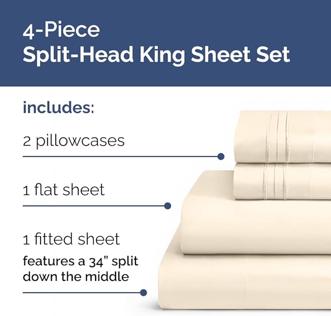 Split Head King Sheet Set – 4 Piece Flex Split Top King Sheets - Image 2