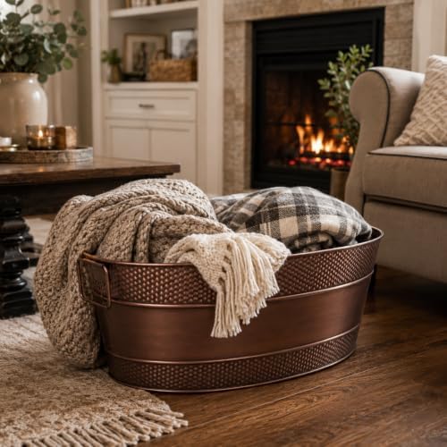 brekx copper galvanized firewood storage bin with handles showing dimensions