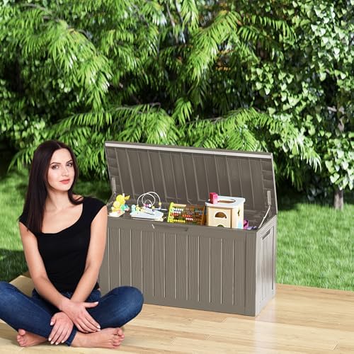 outdoor storage box waterproof, lockable resin 80 gallon on a desk or shelf