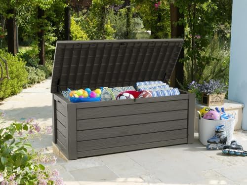 keter westwood 150 gallon resin large outdoor storage, side view