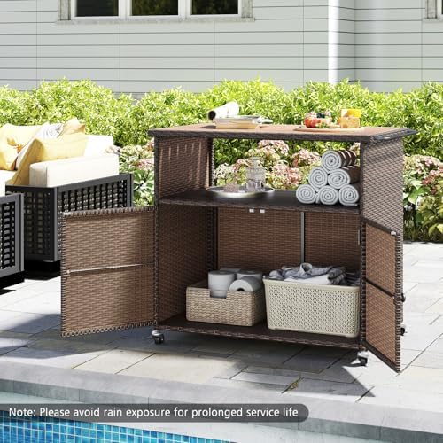 happygrill outdoor storage cabinet with wheels, pe rattan, side view