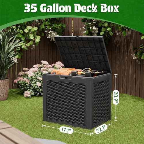 outdoor storage box waterproof, 35 gallon deck box shown in use