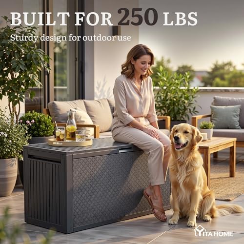 yitahome 95 gallon outdoor storage deck box shown in use